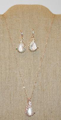 Light Beige Oval Stone PENDANT (1¼" x ¾") and Matching Earrings (1½" x ¾") Set on a Rose Gold Tone Necklace Chain...