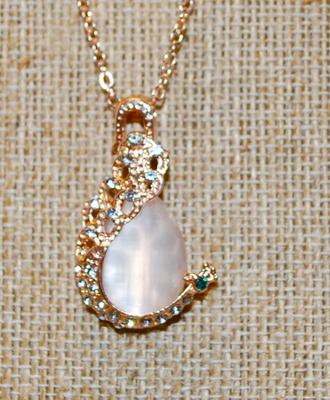 Light Beige Oval Stone PENDANT (1¼" x ¾") and Matching Earrings (1½" x ¾") Set on a Rose Gold Tone Necklace Chain...