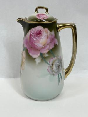 Vintage Bavarian Hand Painted Porcelain Coffee Pot / Chocolate pot - Pink Roses & Gold Trim