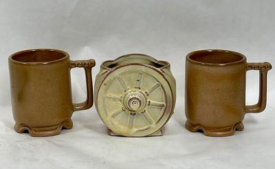 Frankoma Pottery Western Wagon Wheel Design small planter with 2 coffee mugs