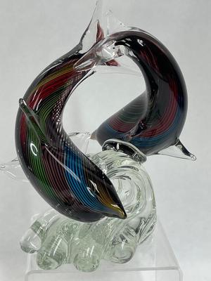 Vinci Vintage Hand Fused Glass Statue / Figurine - Frolicking Dolphins