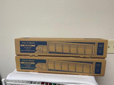 Lot of (2) NEW Tilt-Bin Transparent Tilt-Out Multi-Storage System 6 bins each Office Garage Workshop