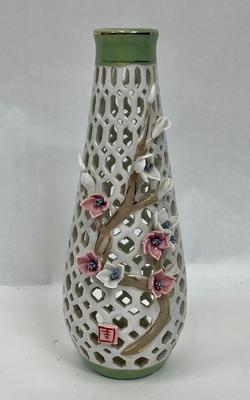 Porcelain Lattice Vase with Applied Pink Flowers 9" tall