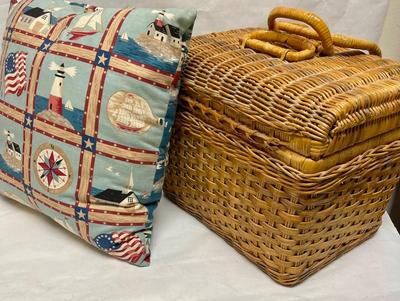 Woven Rattan Lidded Picnic Basket and Nautical Decorative Pillow