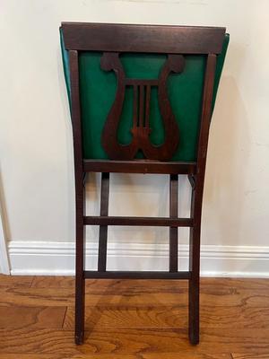 Wood Lyre Harp Table and 4 Folding Chairs With Round Table Topper