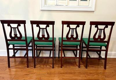 Wood Lyre Harp Table and 4 Folding Chairs With Round Table Topper