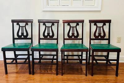 Wood Lyre Harp Table and 4 Folding Chairs With Round Table Topper