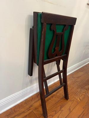 Wood Lyre Harp Table and 4 Folding Chairs With Round Table Topper