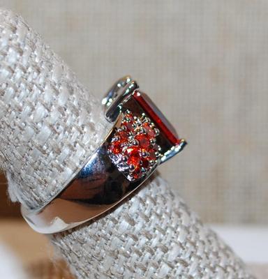Size 8 Deep Red Emerald Cut Center Stone Ring and Red Accents Stone on a .925 Silver Band (7.0g)