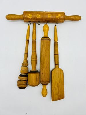 Vintage 1940's Denmark Danish Yellow Kitchen Wood Utensils & Holder,