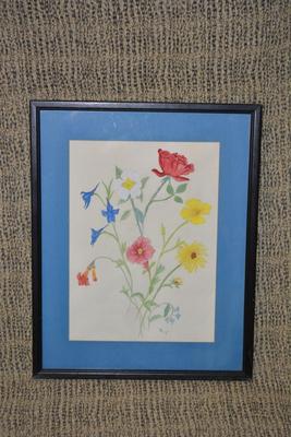 Framed & Matted Floral Bouquet Watercolor Print, Signed DLW 14.75”x11.75”