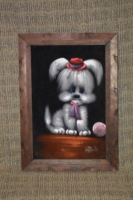 Vintage 60’s/70’s Velvet Dog Portrait Painting w/ Carved Wood Frame