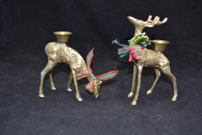 Set of 2 Solid Brass Reindeer Candlesticks 5.57”x4.5”