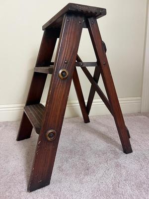 Vintage 2 Step With Treads Natural Wood Folding Step Stool