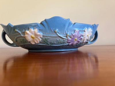 1940s Roseville Pottery Cosmos Blue 372 Double Handle Console Bowl