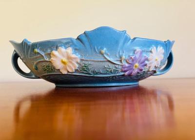 1940s Roseville Pottery Cosmos Blue 372 Double Handle Console Bowl