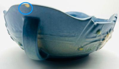 1940s Roseville Pottery Cosmos Blue 372 Double Handle Console Bowl