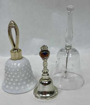 Bell Lot: Silvertone Metal Souvenir Bell, Princess House Crystal Bell, and Milk-glass bell shaped bottle