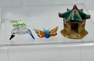 Miniature figurines - Ceramic Pagoda, blown Glass Hummingbird & Butterfly