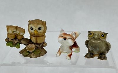 Lot of 4 mini miniature figurines - Owls,& Fox,