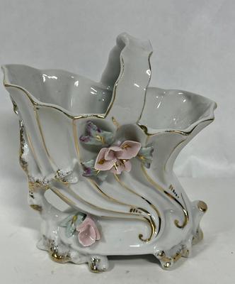 Vintage White Porcelain Basket Shaped Vase with pink ceramic flowers
