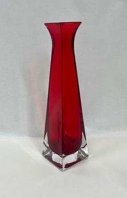 MCM Square Geometric Glass Ruby Red Vase with Flared Top and Clear Bottom - Heavy 10.5" Tall
