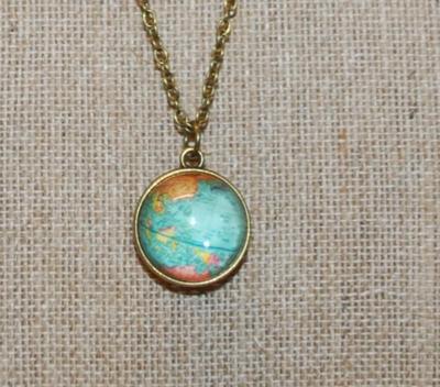 Double Sided World Globe PENDANT (1" Circumference) on a Brass-Styled Necklace Chain 20" L
