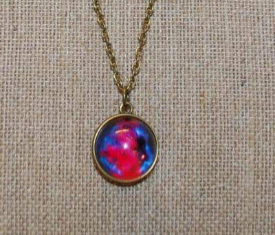 Double Sided Red & Blue "Fiery" Globe PENDANT (1" Circumference) on a Brass-Styled Necklace Chain 20" L