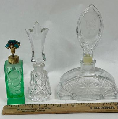 3 Vintage Glass Perfume Bottles - 2 clear glass, 1 green glass