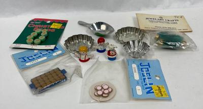 Misc Miniature Lot - tiny baking pans, baked goods, wooden people, Christmas Trees, and a Scoop