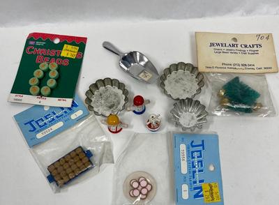 Misc Miniature Lot - tiny baking pans, baked goods, wooden people, Christmas Trees, and a Scoop