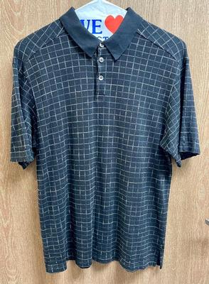 Tommy Bahama Polo Shirt Black with White Crosshatching pattern size L large