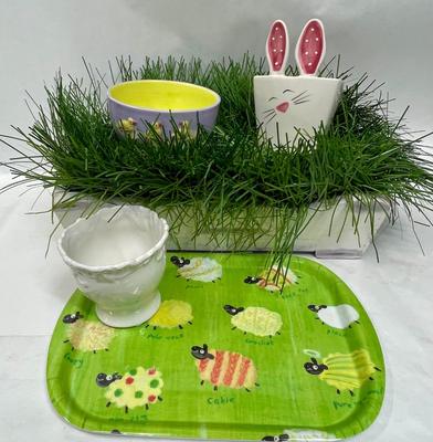 Spring Decor Lot - fake grass, ceramic bowls, and plastic tray
