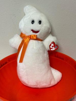 Ty Beanie Buddy Spooky the Ghost plush toy with large plastic bowl
