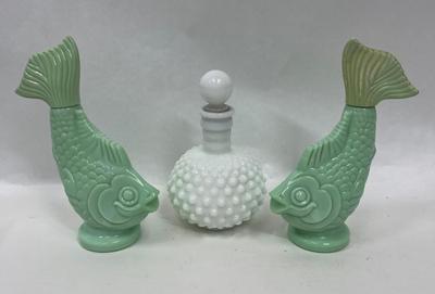 Vintage Fenton Hobnail perfume bottle and 2 Avon Sea Spirit Foaming Bath Oil Koi Fish Bottles