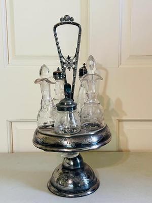 ANTIQUE SILVER PLATE VICTORIAN CONDIMENT CADDY ETCHED GLASS CRUETS SET