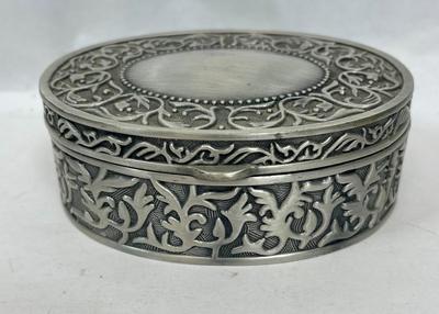 Vintage Silver Tone Scroll Trinket Jewelry Box Blue Velvet Interior