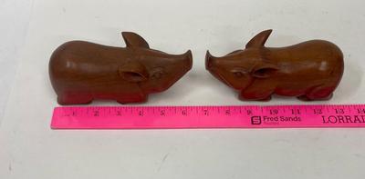 Mid Century Pair of Carved Wood Pig Trinket Boxes Figurines