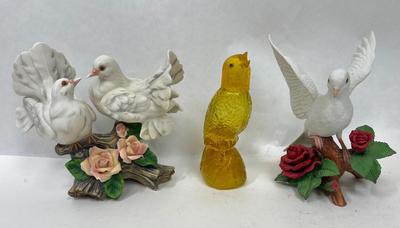 Lot of Bird figurines - 1 yellow perfume bottle and 2 bisque porcelain figurines