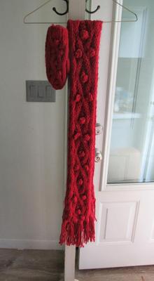 Women's Long Winter Red Neck Scarf and Mittens Set