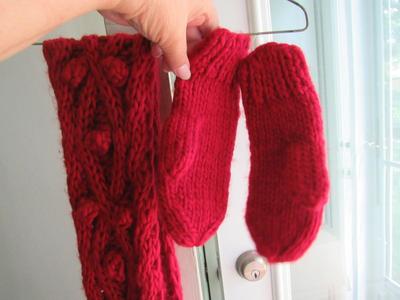 Women's Long Winter Red Neck Scarf and Mittens Set