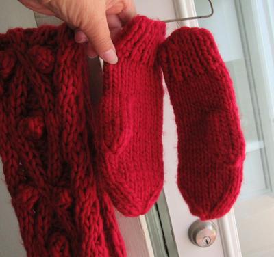 Women's Long Winter Red Neck Scarf and Mittens Set