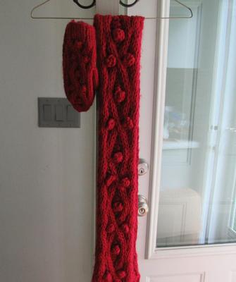Women's Long Winter Red Neck Scarf and Mittens Set