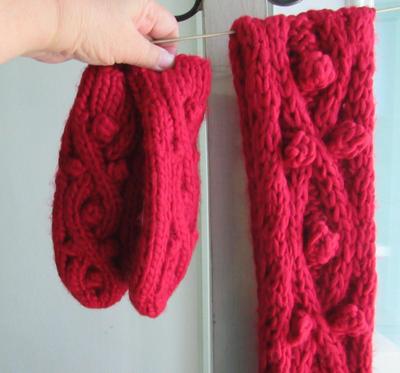Women's Long Winter Red Neck Scarf and Mittens Set