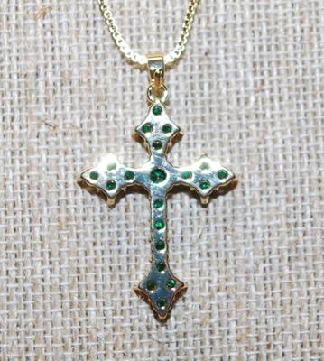 Beautiful All Green Stones Cross PENDANT (1½" x ¾") on a Gold Tone Necklace Chain 17" L