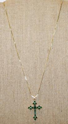 Beautiful All Green Stones Cross PENDANT (1½" x ¾") on a Gold Tone Necklace Chain 17" L