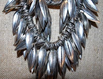 Ostentatious Double Row "Metal Leaves & Ringlets" Necklace on a Black Rope Necklace Chain 14" L