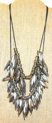 Ostentatious Double Row "Metal Leaves & Ringlets" Necklace on a Black Rope Necklace Chain 14" L