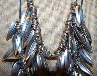 Ostentatious Double Row "Metal Leaves & Ringlets" Necklace on a Black Rope Necklace Chain 14" L