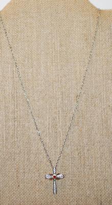 Infinity Set with Center Red Stone Cross PENDANT (1" x ¾") & Rounded Points on a Silver Tone Necklace Chain 17" L